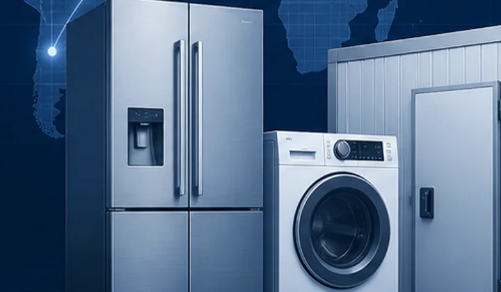 Blue-toned illustration of boxed appliances prepared for business distribution